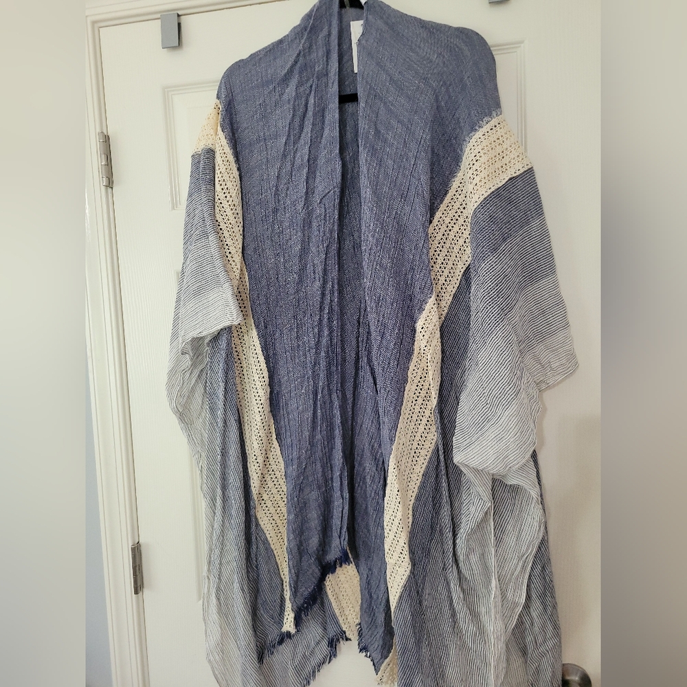 Women's Boho Kimono Chambray Mixed Fabric Crochet Lace One Size Open Front NWT